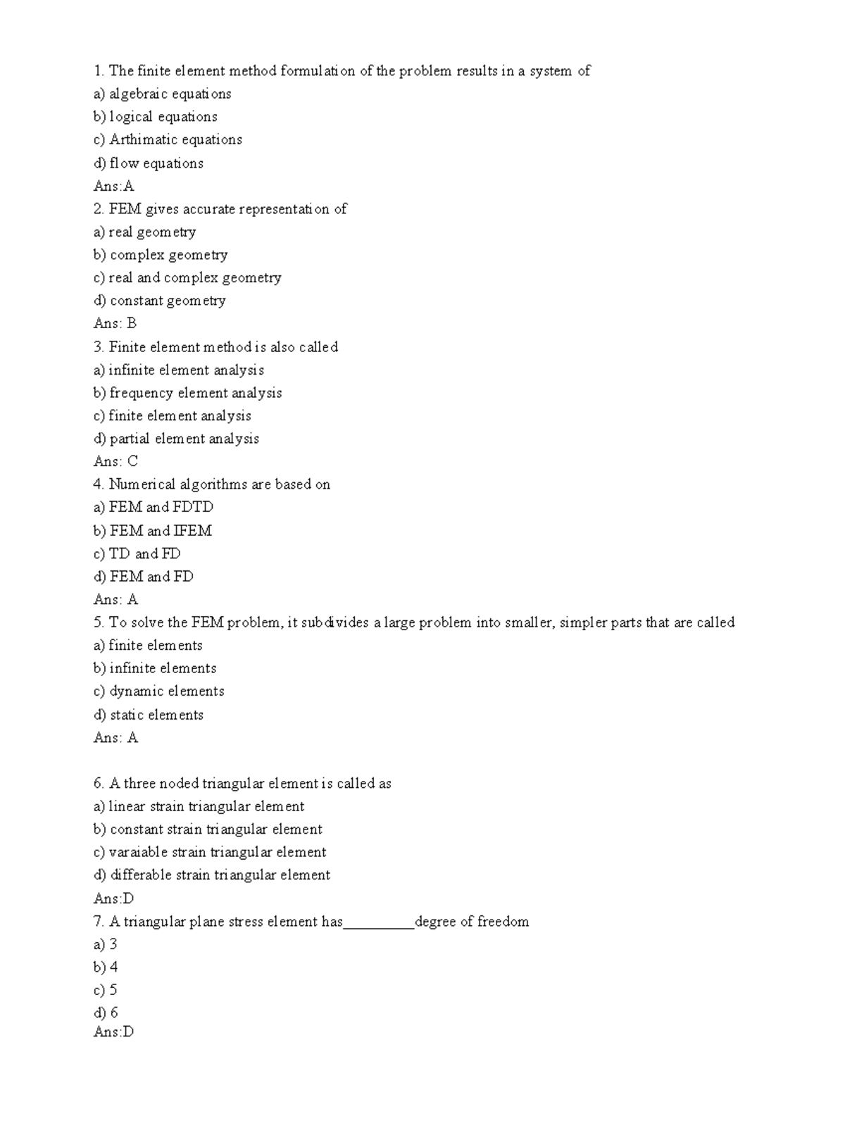 M-Tech MCQ New Set: Finite Element Method (FEM) - Studocu