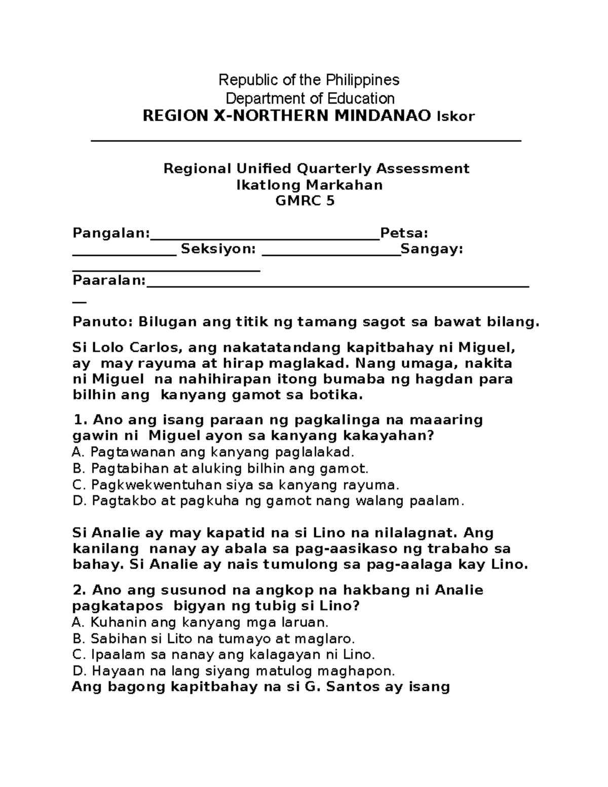 Grade 5 GMRC 3rd Q RUQA Assessment Questions and Answers - Studocu