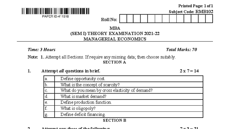 RMB102 MBA SEM I Managerial Economics Previous Year Exam Questions ...