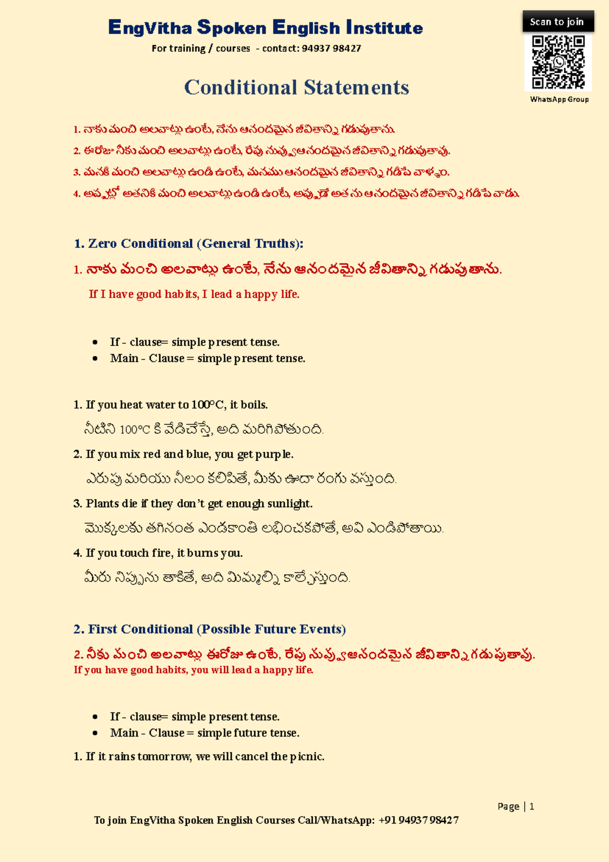 Conditional statements - Page | 1 To join EngVitha Spoken English ...