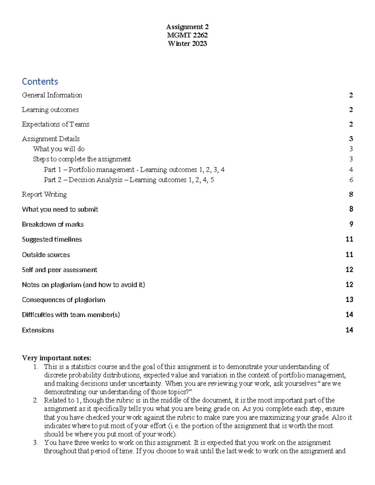 1678412197 658995 113. - Assignment 2 MGMT 2262 Winter 2023 Contents ...