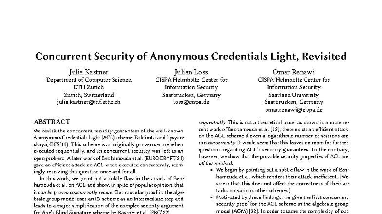 Concurrent Security of Anonymous Credentials Light: A Revisit (CISPA ...