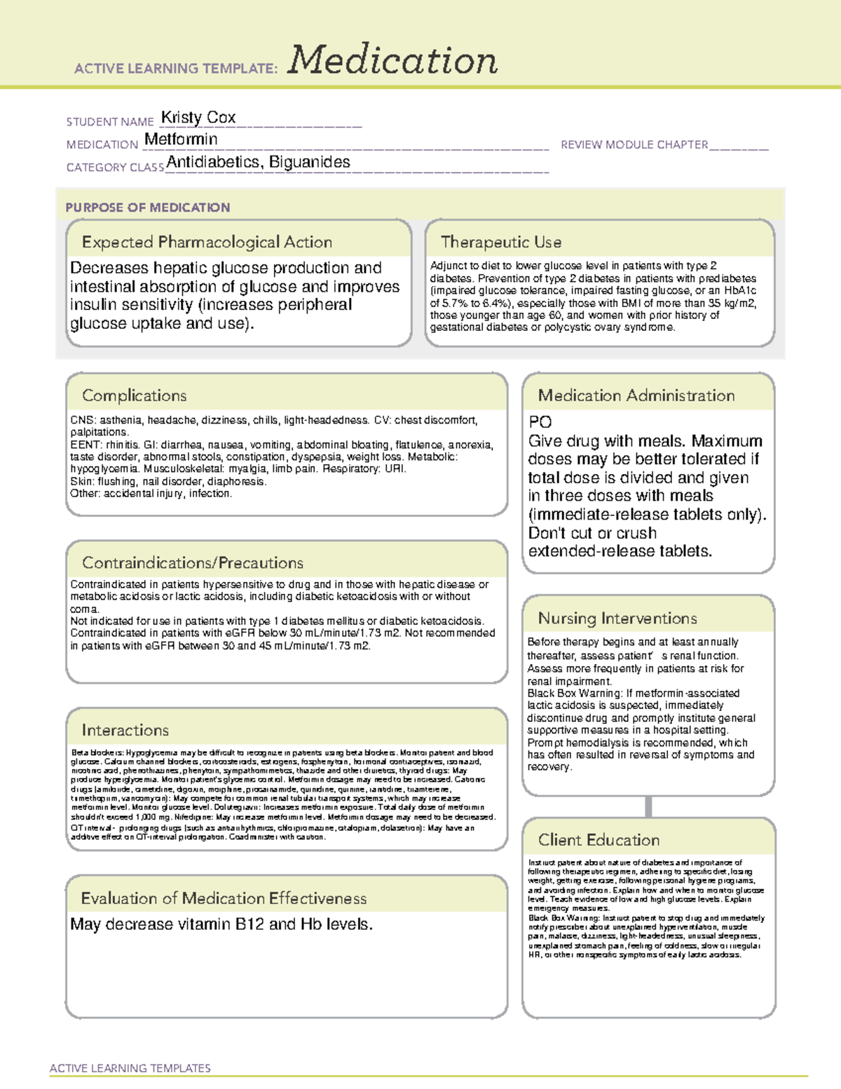 Metformin Medication Card: Pharmacological Action & Nursing Care - Studocu