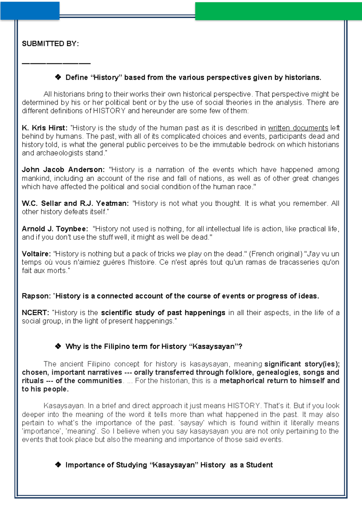 Hist 101: Perspectives on Defining History and Its Importance - Studocu