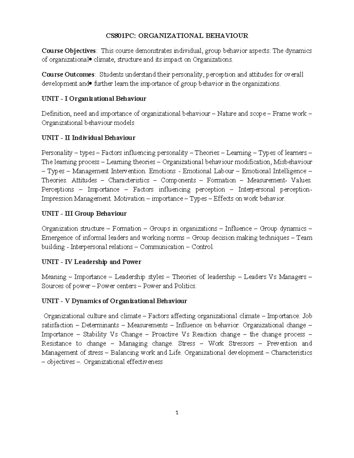 CS801PC: Organizational Behaviour - Unit 1 Overview and Key Concepts ...