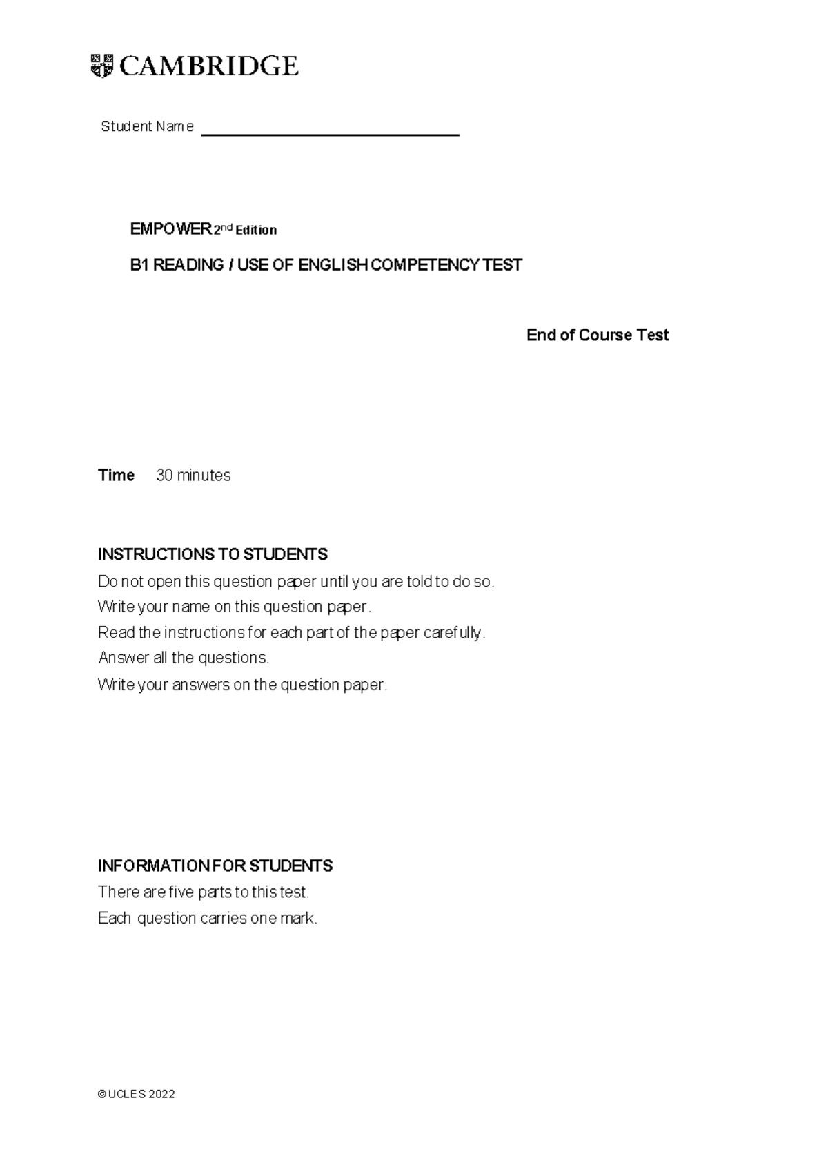 End of Course Test: Empower B1 Reading & Use of English Competency ...