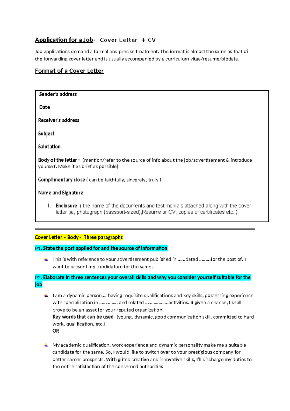 Job Application Cover Letter & CV Guide for Students - Studocu