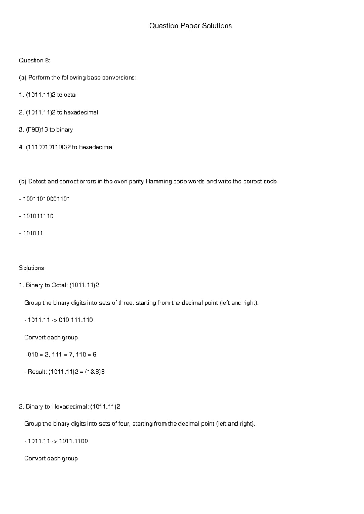Digital Logic Base Conversions & Hamming Code Error Correction ...