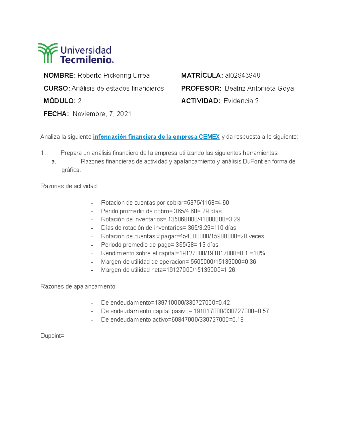 Evidencia 2 - Análisis Financiero de CEMEX en Módulo 2 - Studocu