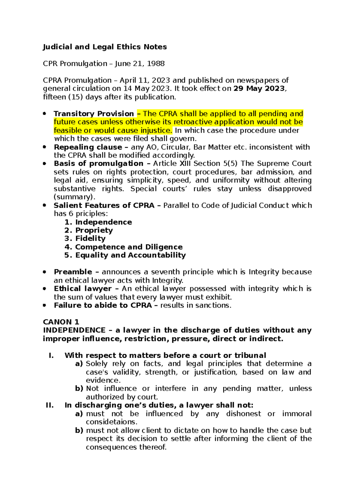 Judicial and Legal Ethics Notes - It took effect on 29 May 2023 ...