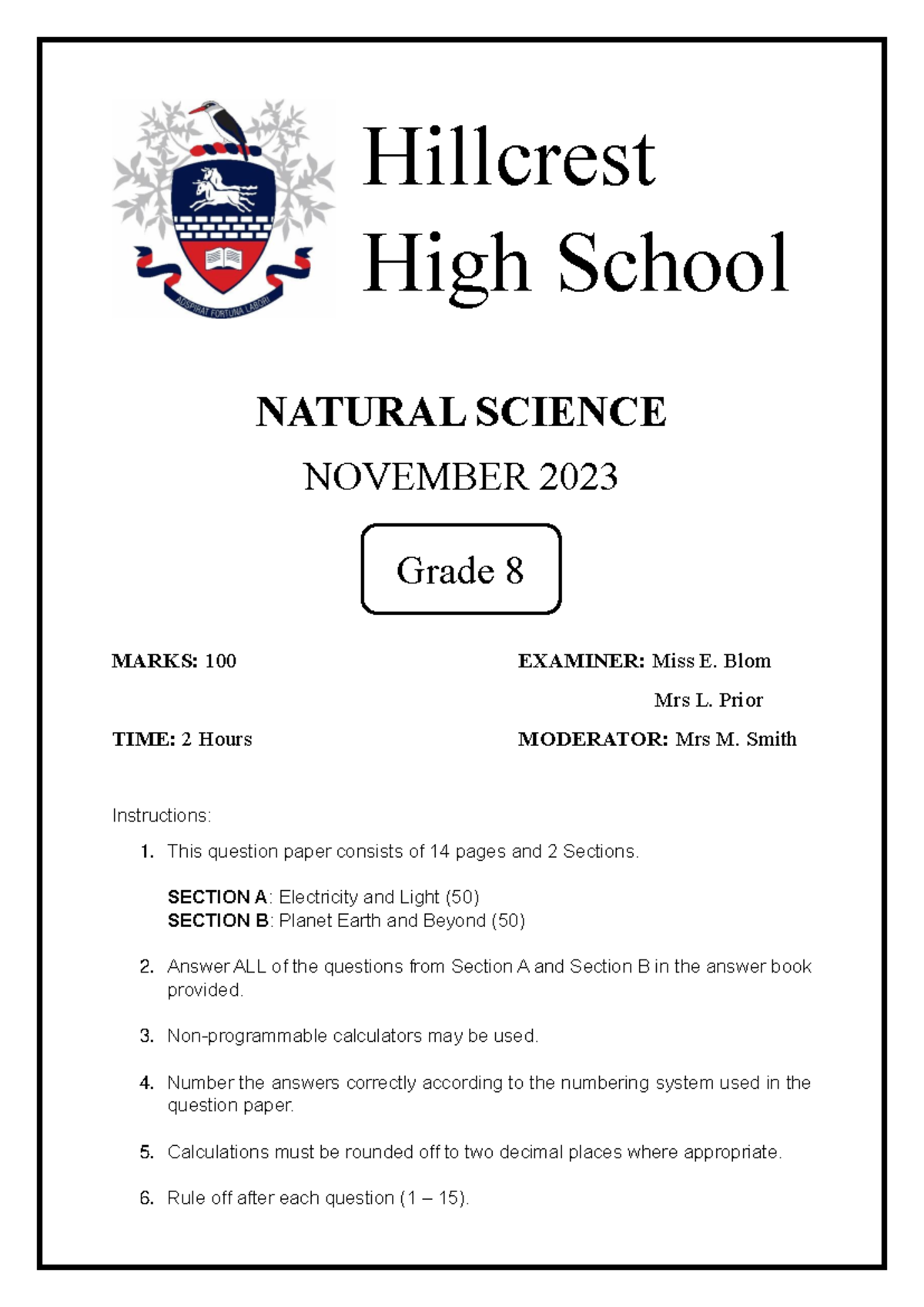 NS Grade 8 November 2023 Exam Review - Essential Study Guide - Studocu