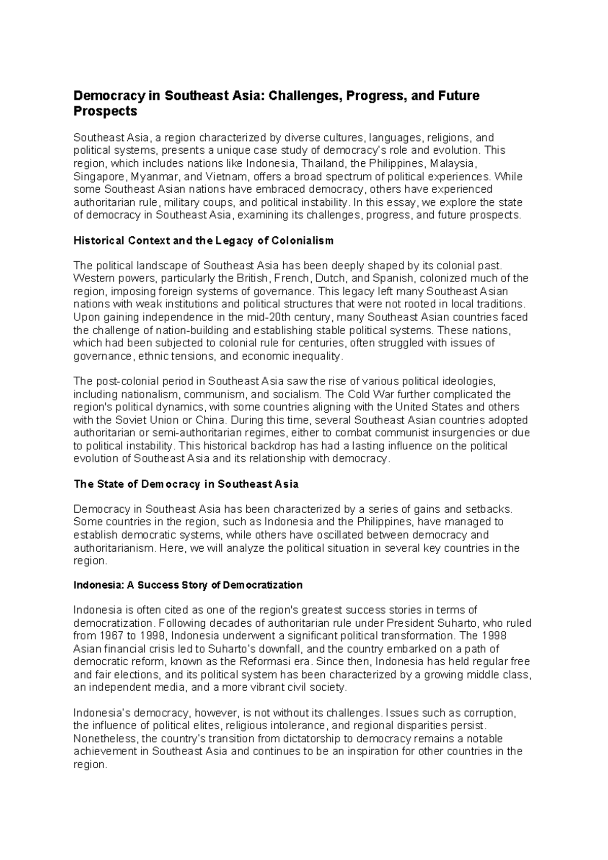 Democracy in Southeast Asia Challenges, Progress, and Future Prospects ...
