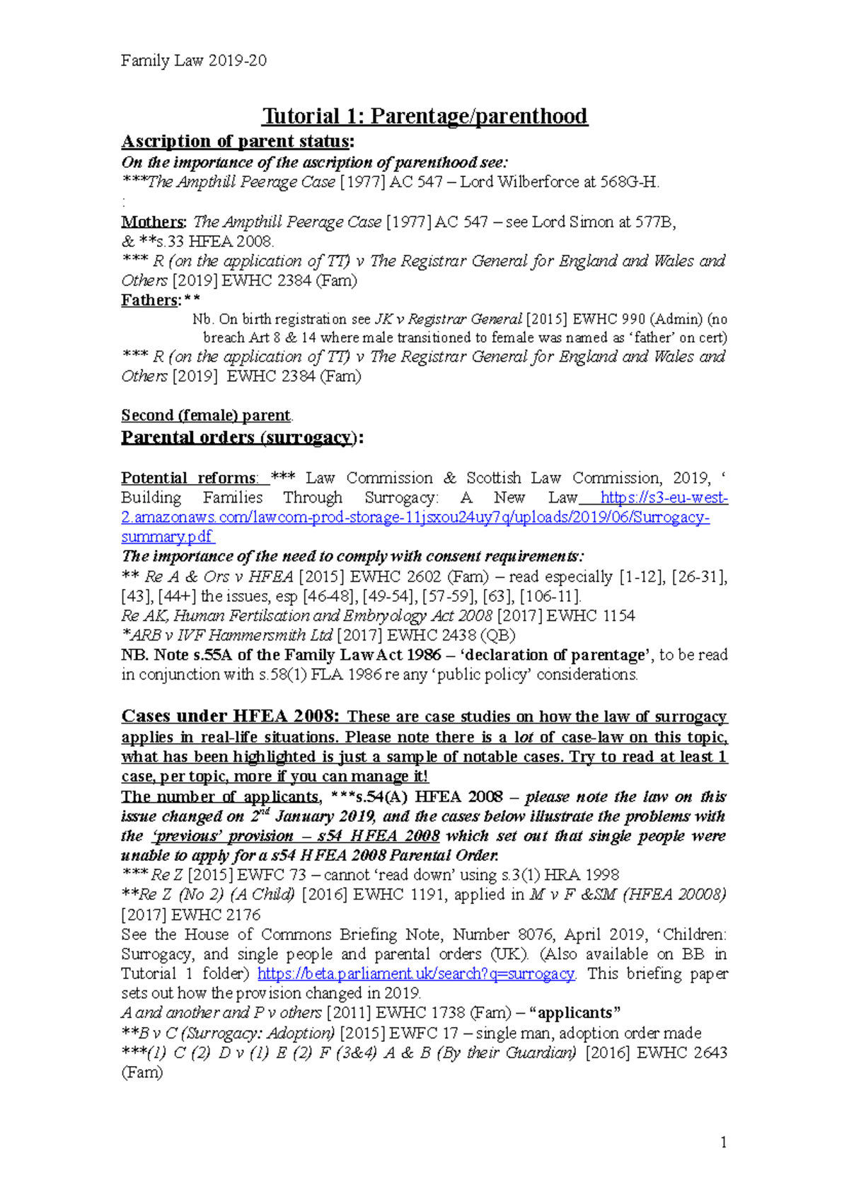 Family Law - 2019-20: Tutorial 1 Insights on Parentage & Parenthood ...