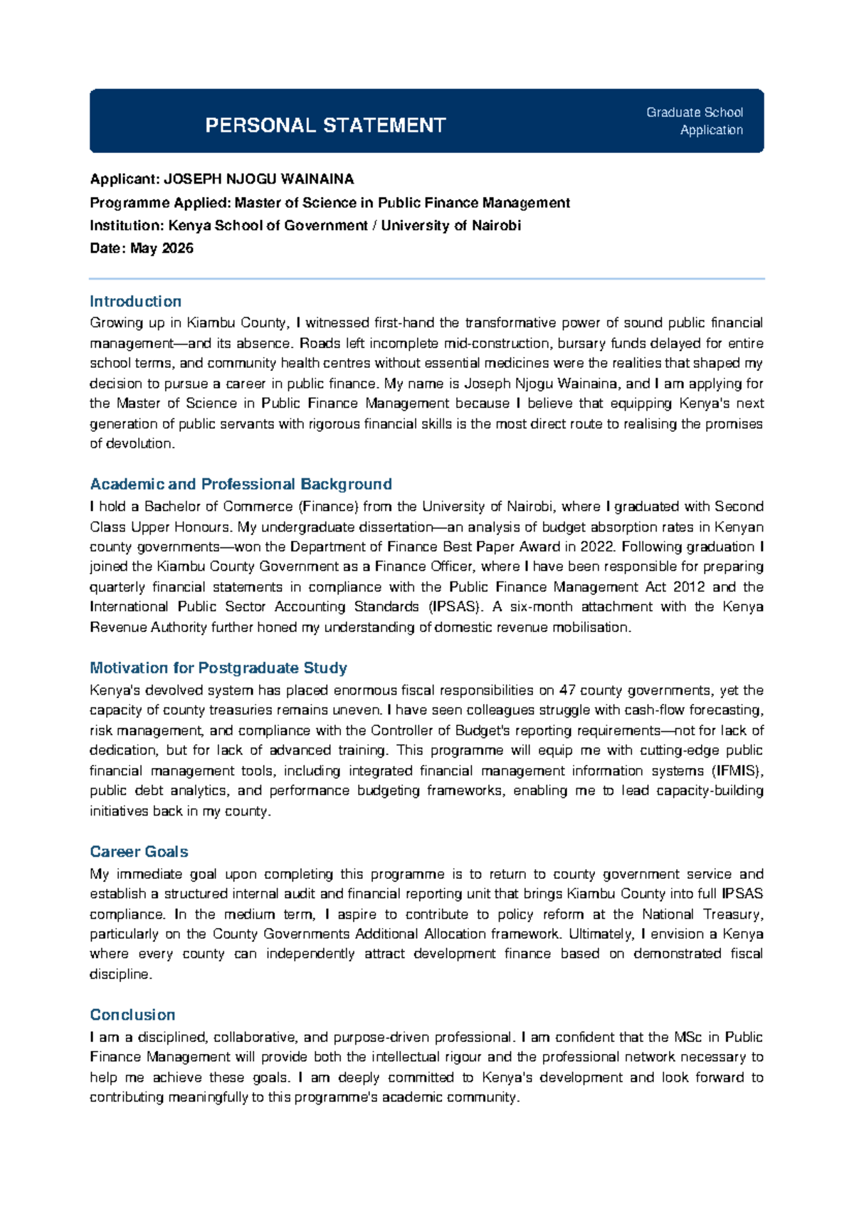 MSc Public Finance Management Personal Statement - Joseph Njogu ...