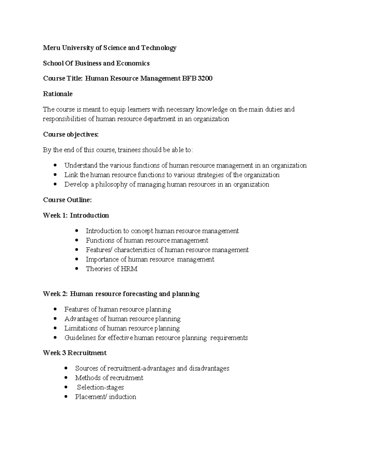 Human resource management course outline - Meru University of Science ...