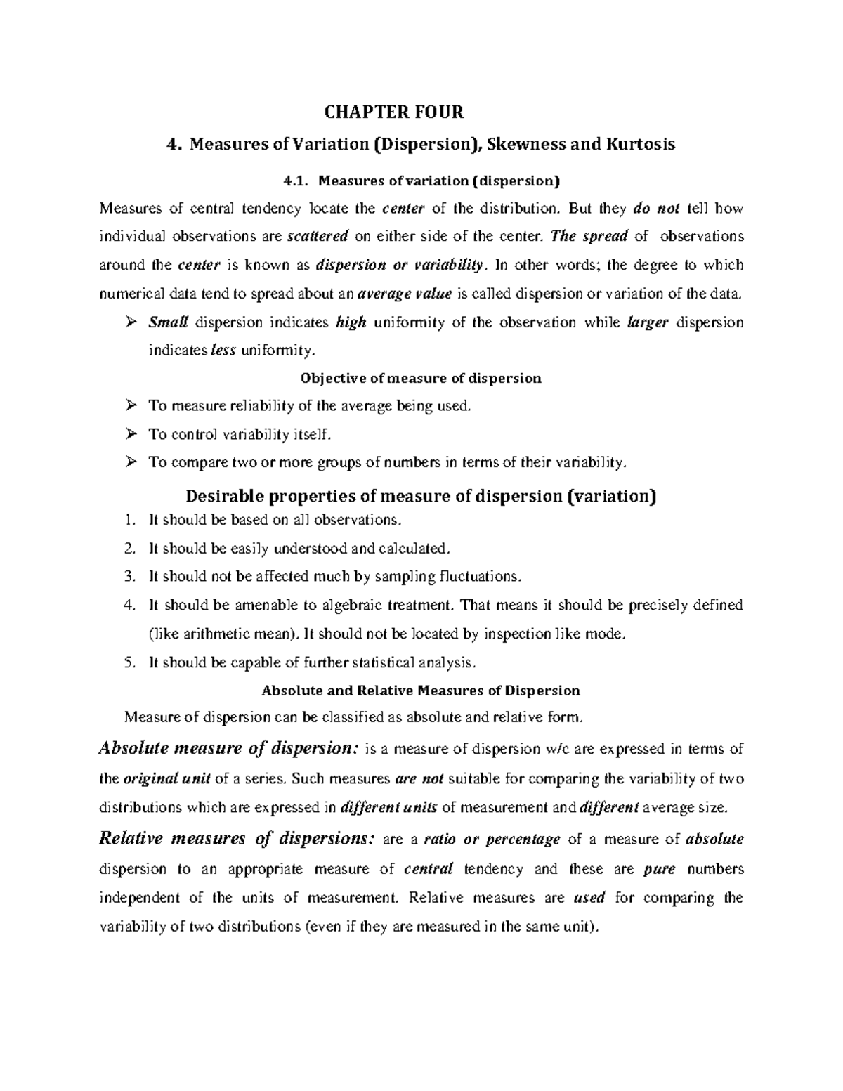 CHAPTER 4: Measures of Variation, Skewness, and Kurtosis Lecture Notes ...