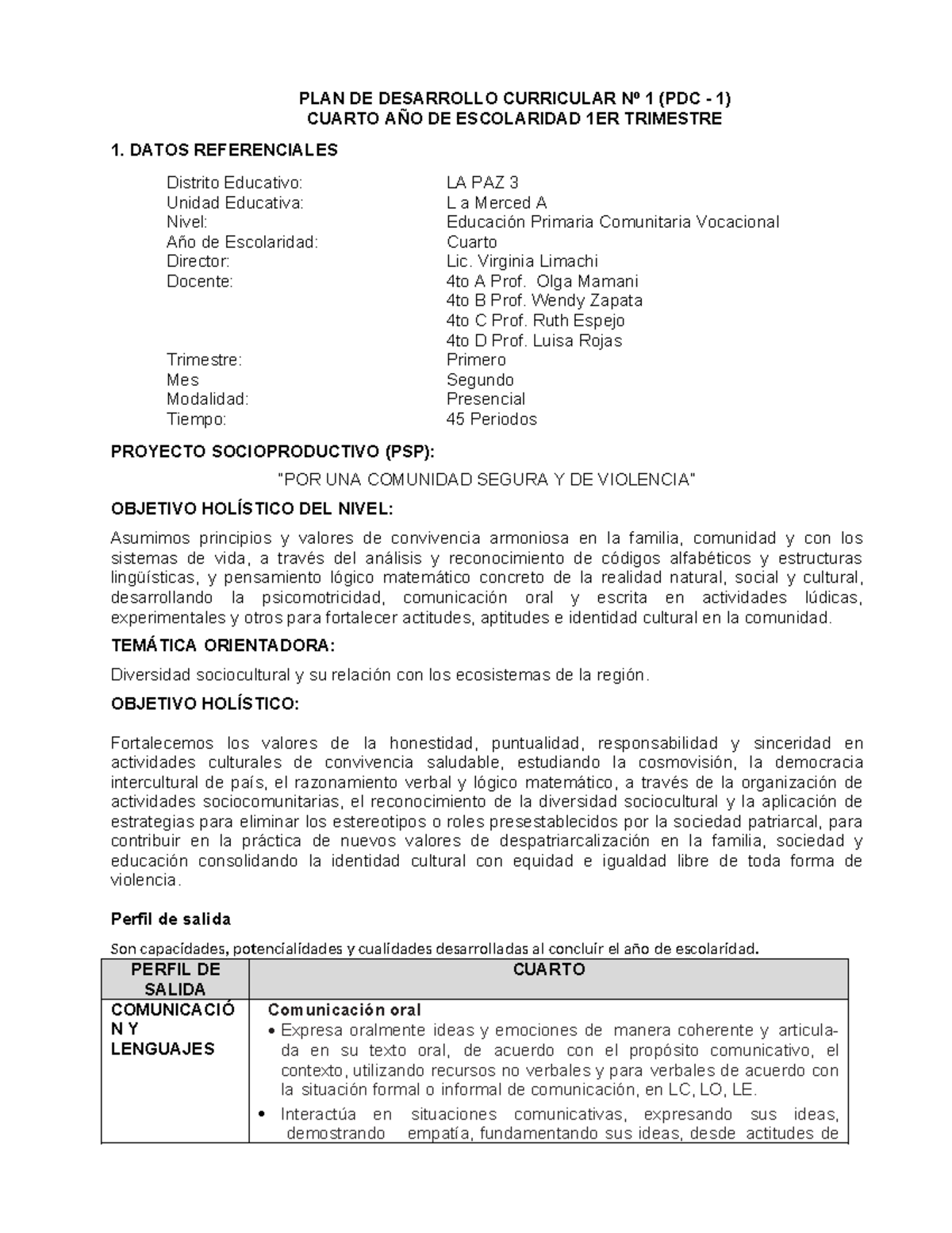 PDC 4TO A (1er Trimestre) 2025: Plan de Desarrollo Curricular Integral ...