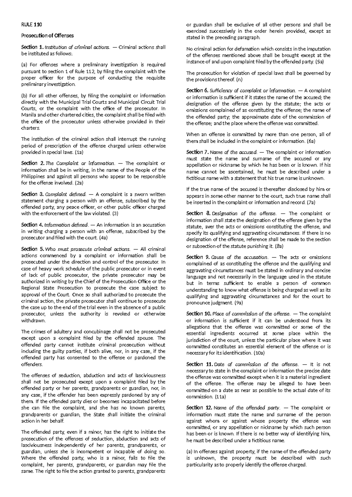 RULE 110 Civil and criminal aspect - RULE 110 Prosecution of Offenses ...