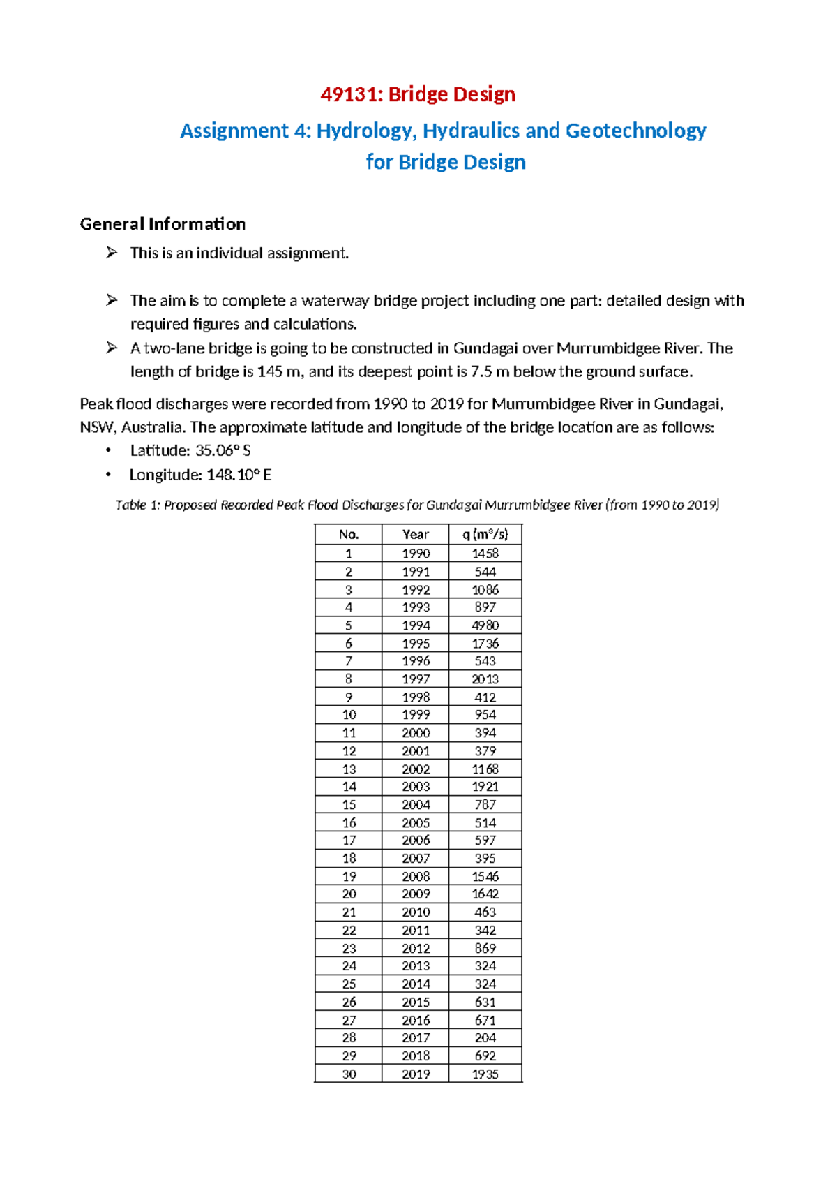 49131: Bridge Design Assignment 4 - Hydrology & Geotech Analysis - Studocu