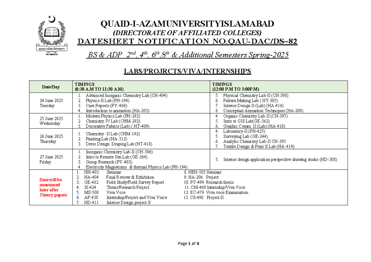 Final Datesheet Terminal Exam Spring 2025 - BS ADP Semesters - Studocu