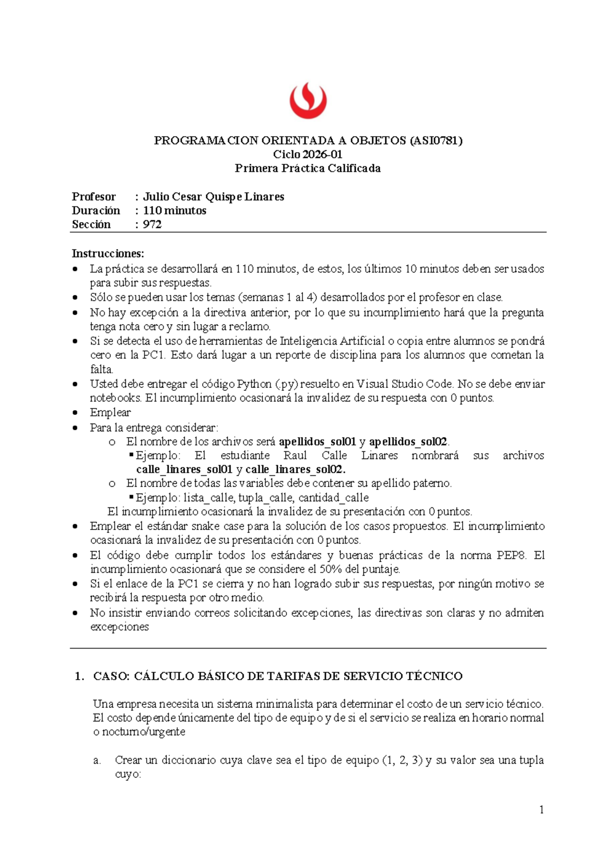 PC01 POO (ASI0781) - Práctica Calificada de Programación Orientada a ...