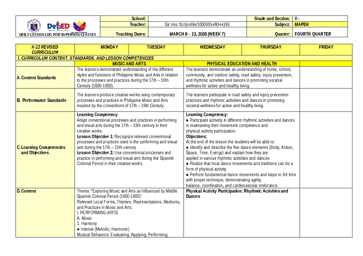 G5 Q4 W7 Daily Lesson Log for MAPEH @Sir Ims (Revised K-12) - Studocu
