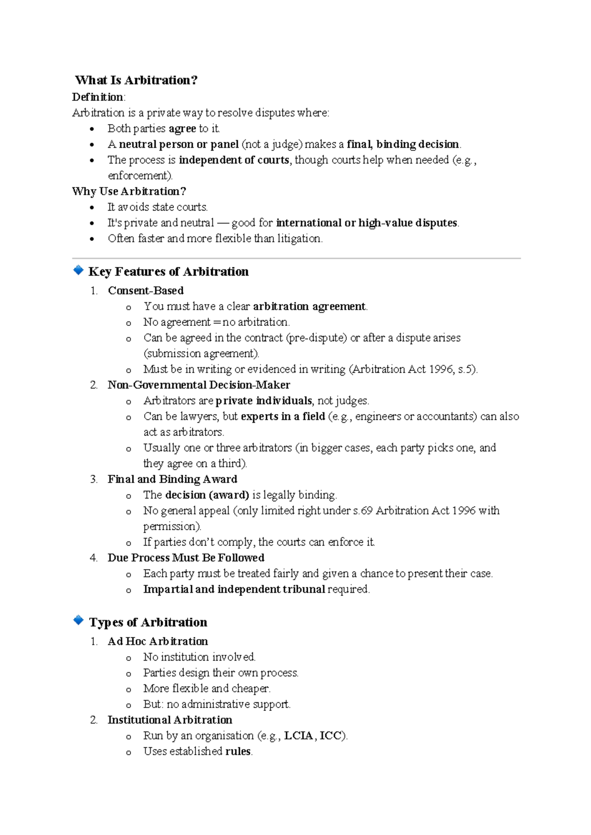 Arbitration Overview: Key Features & Legal Framework (LAW 101) - Studocu