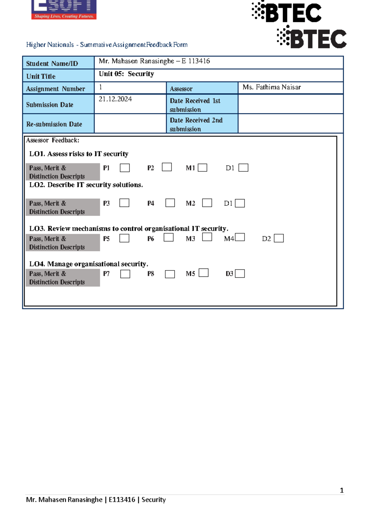 Mr. Mahasen Ranasinghe E113416 Security Assignment - 1 Higher Nationals ...
