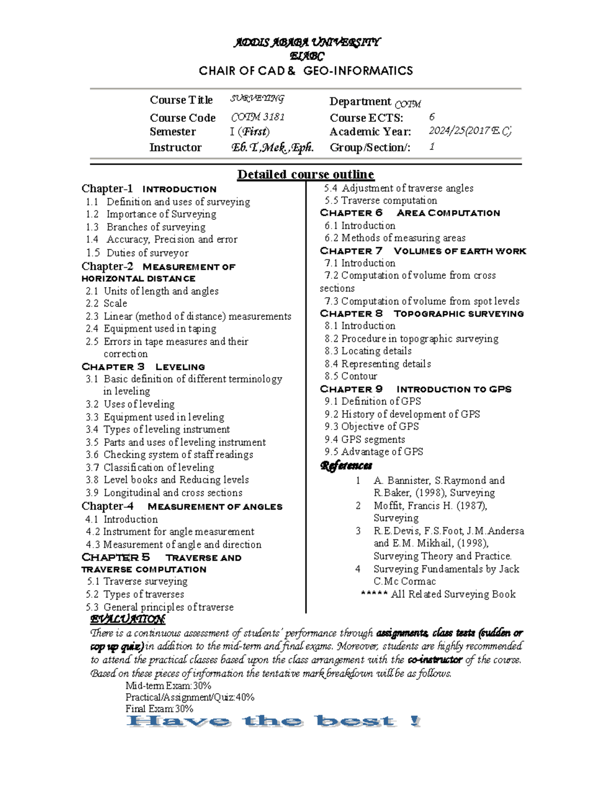 COTM 3181 Surveying Course Outline - Semester I (2025) - Studocu
