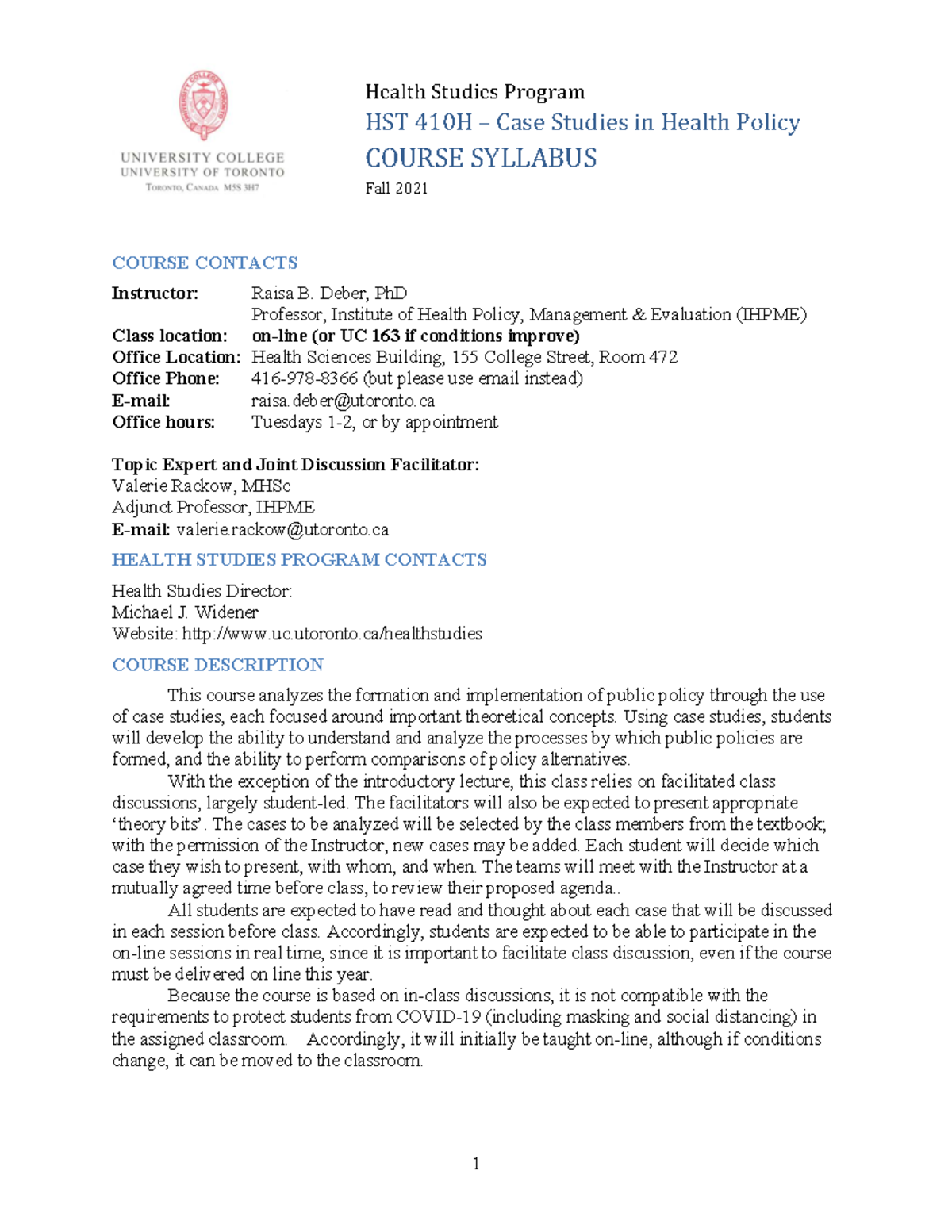 HST 410H Fall 2021 Case Studies in Health Policy Syllabus - Studocu