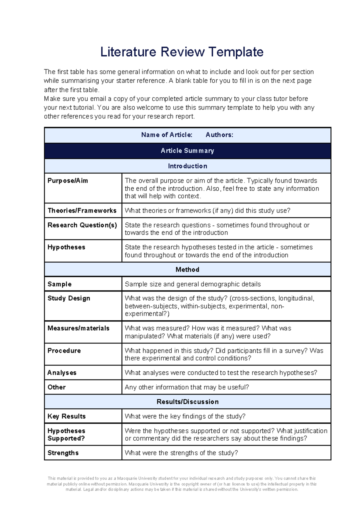 Literature Review Template for STAT1103: Summary Guide - Studocu