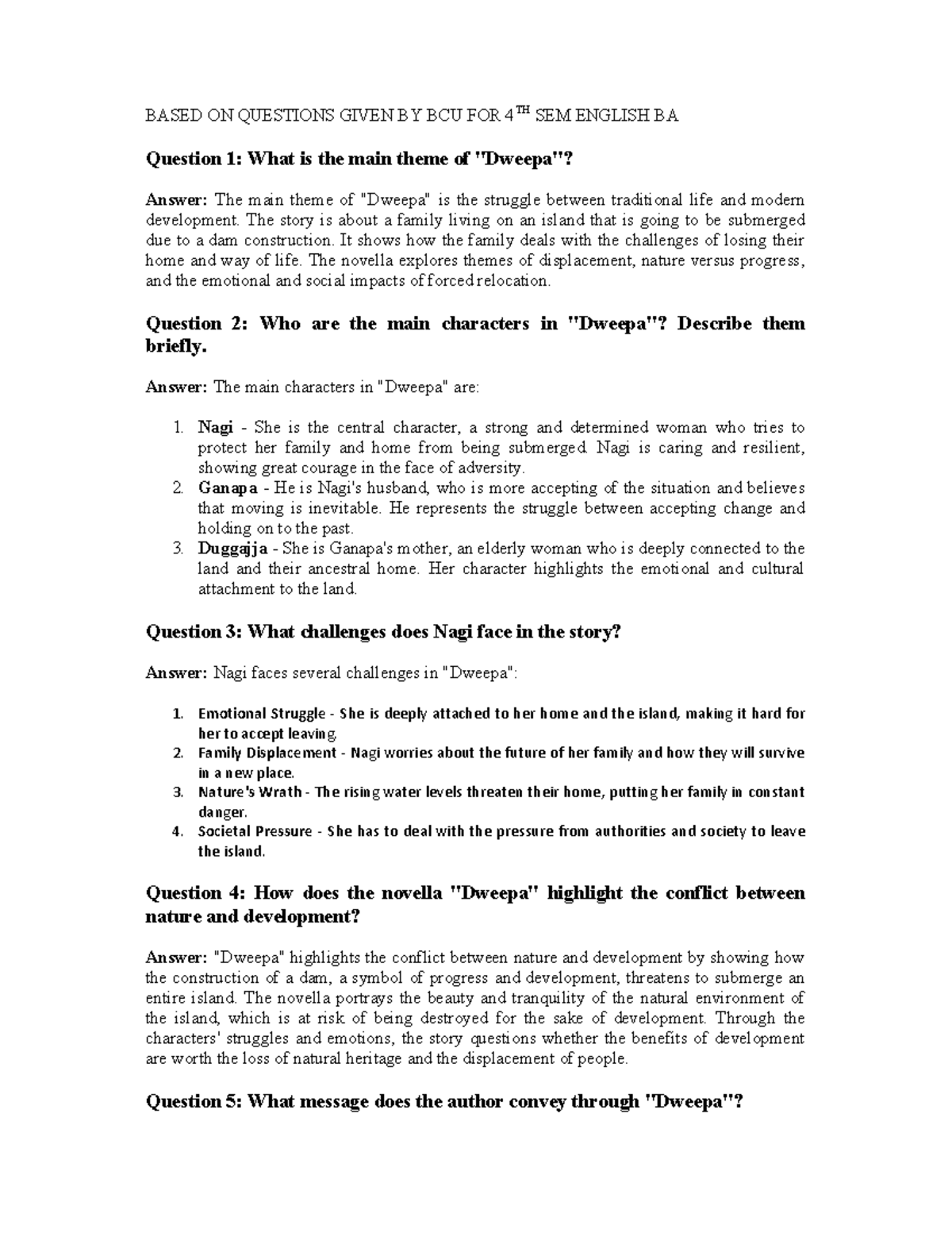Dweepa BA 4th Sem English: Themes and Character Analysis - Document Preview
