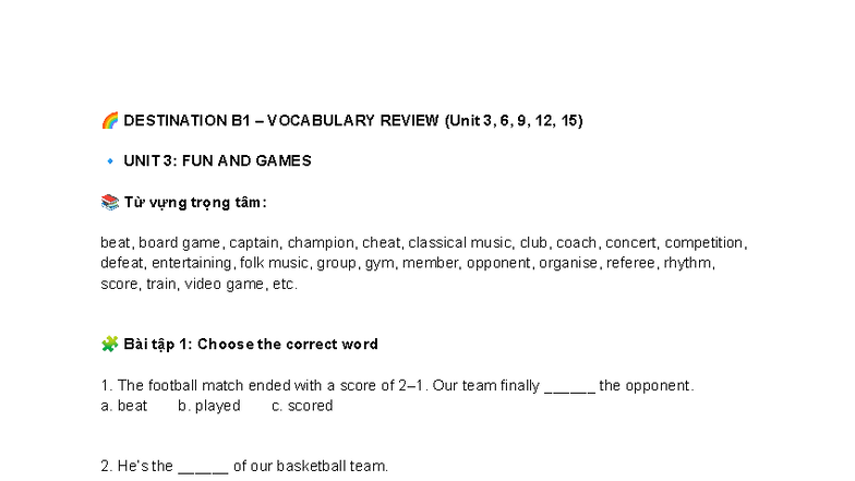 DESTINATION B1 VOCABULARY REVIEW: Units 3, 6, 9, 12, 15 - Studocu