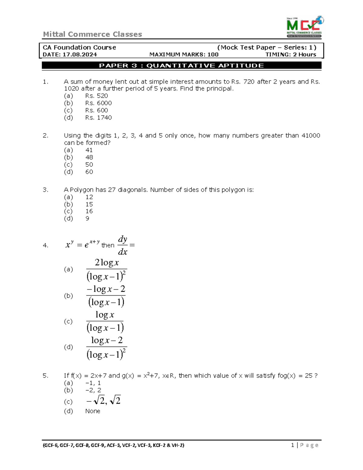 CA Foundation Course: Mock Test Paper Series 1 - Quantitative Aptitude ...