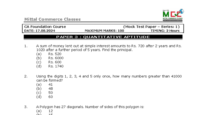 CA Foundation Course: Mock Test Paper Series 1 - Quantitative Aptitude ...
