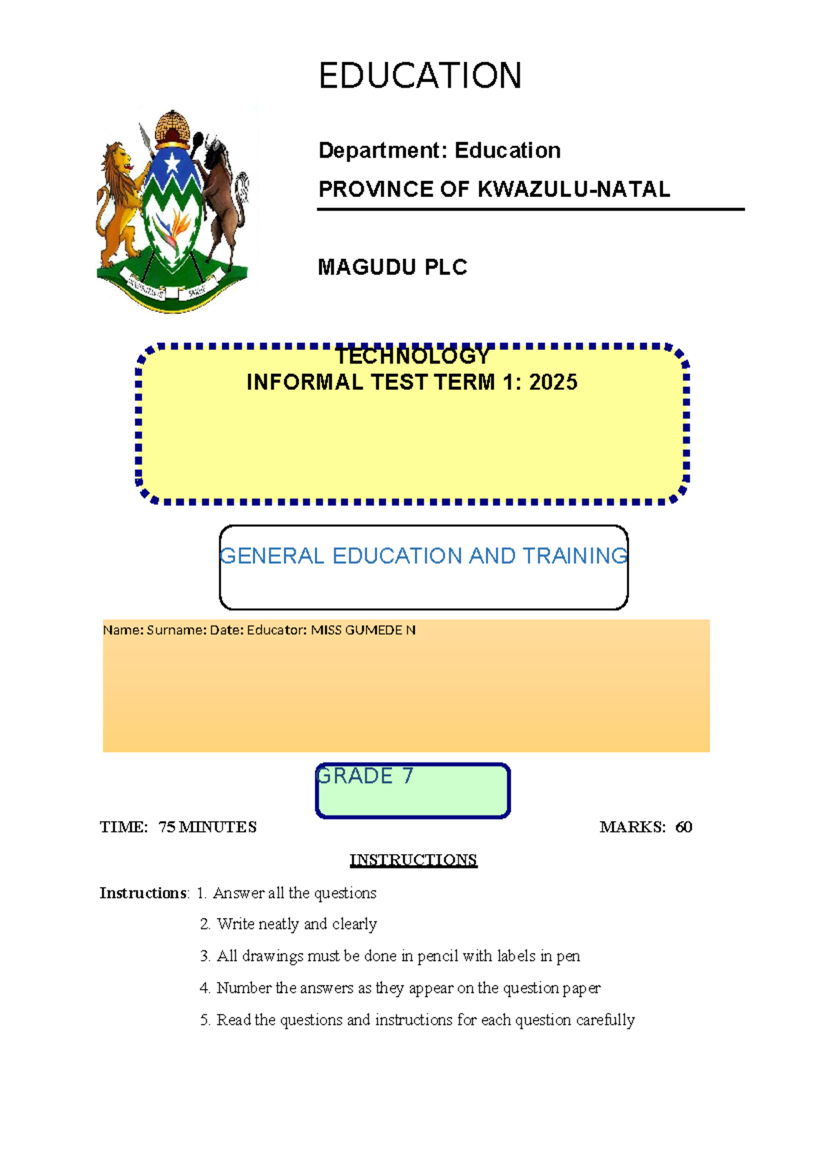 Tech Test T1 - 2025 Grade 7 Exam on Levers & Drawings - Studocu