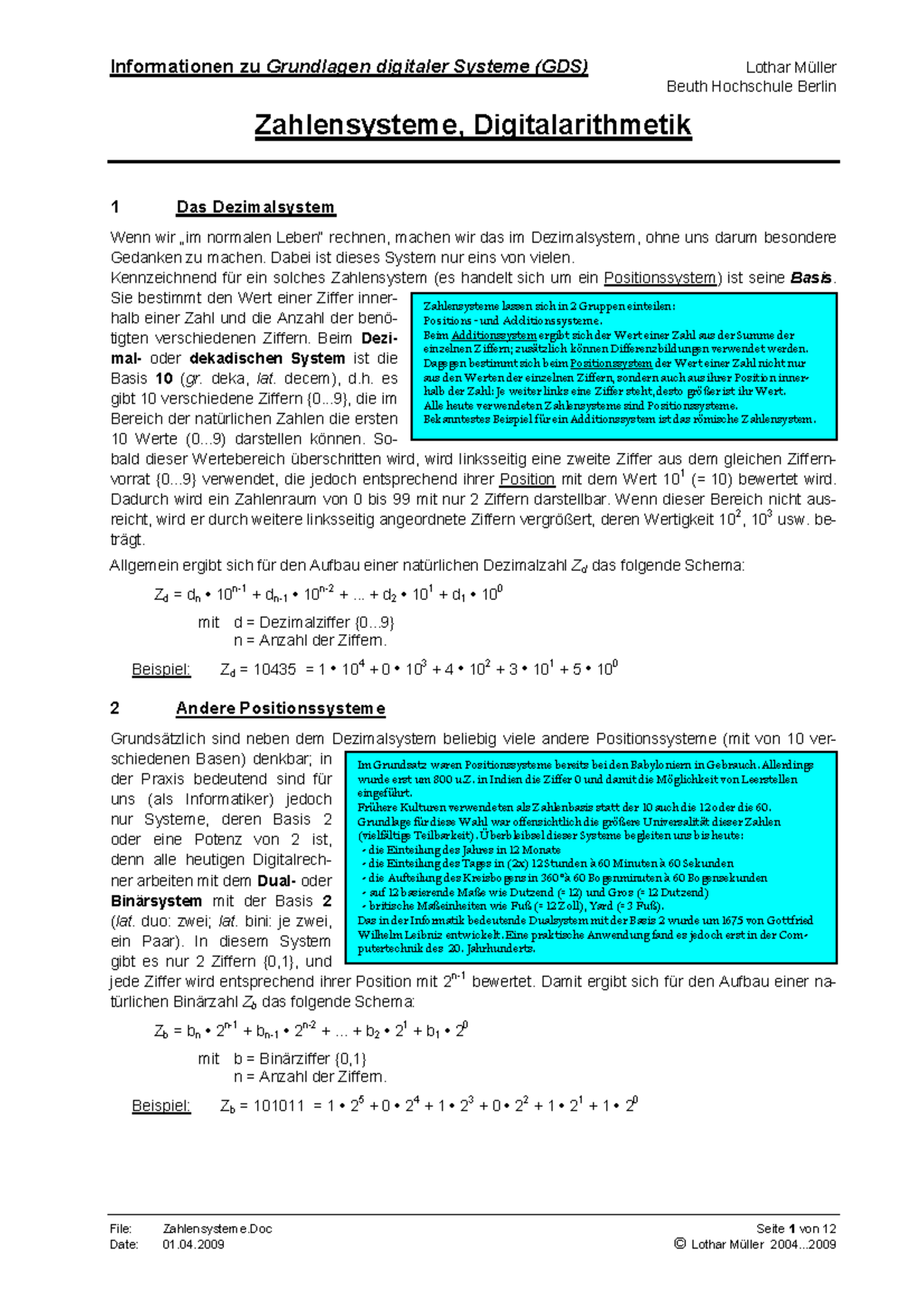 Informationsblatt zu Zahlensystemen (GDS) - Grundlagen digitaler