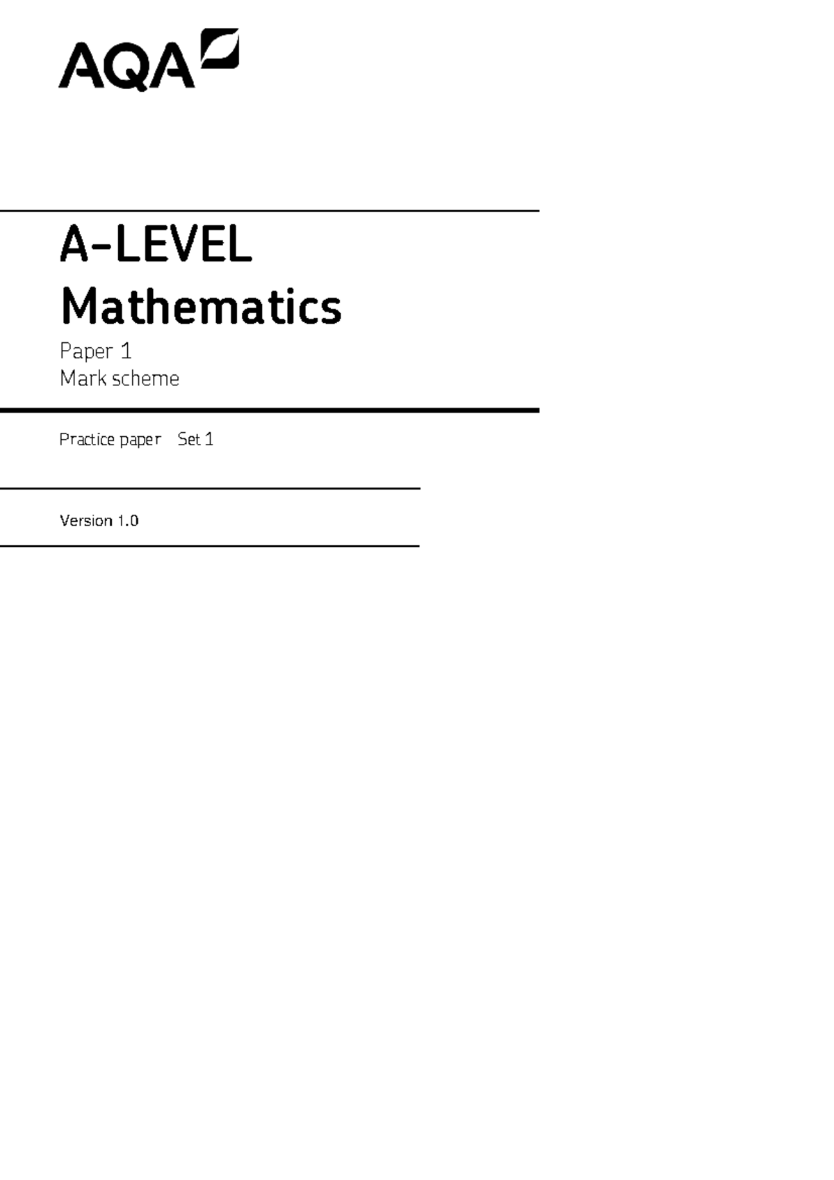 Mathematics AQA A2 Paper 1 Mark Scheme Practice Set 1 Version 1.0 - Studocu