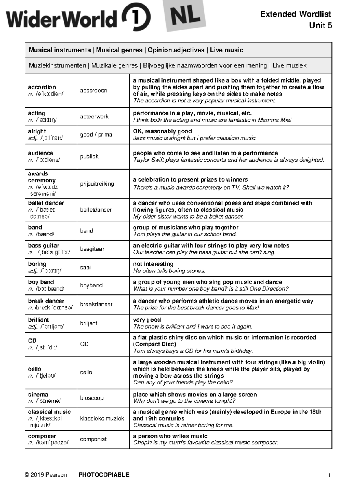 WWNL AT1 Extended Wordlist Unit 5: Musical Instruments & Genres ...