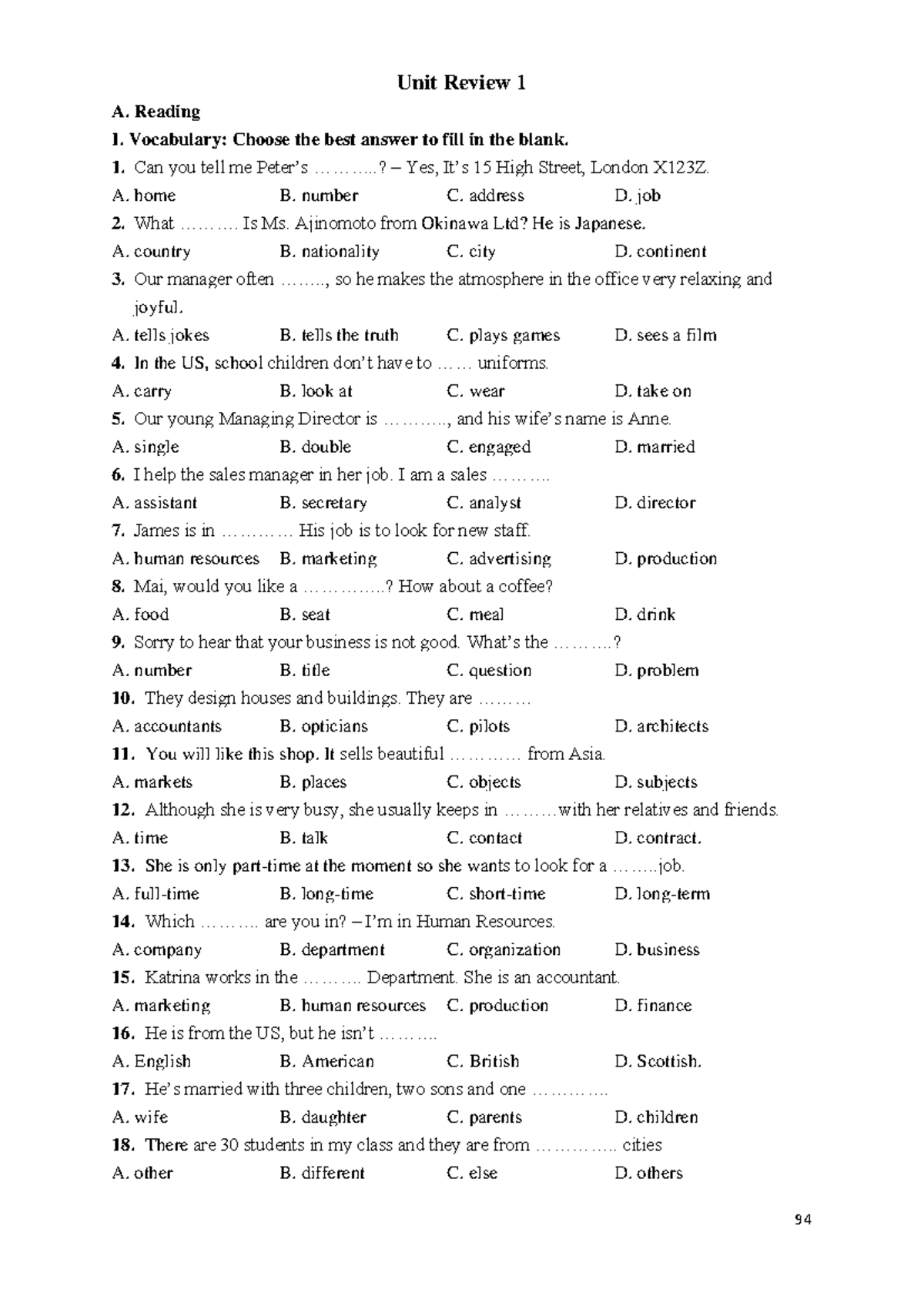 Unit Review 1: Vocabulary & Grammar Exercises for Course 4.1.S - Studocu
