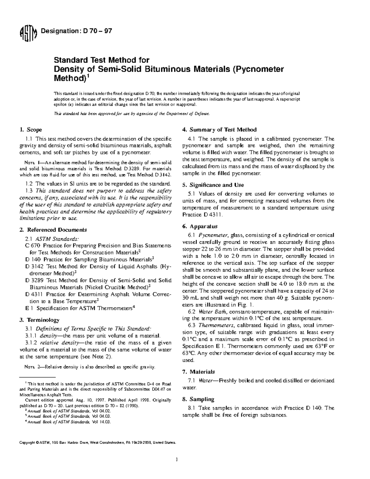D70 Standard Test Method for Density of Bituminous Materials - Studocu