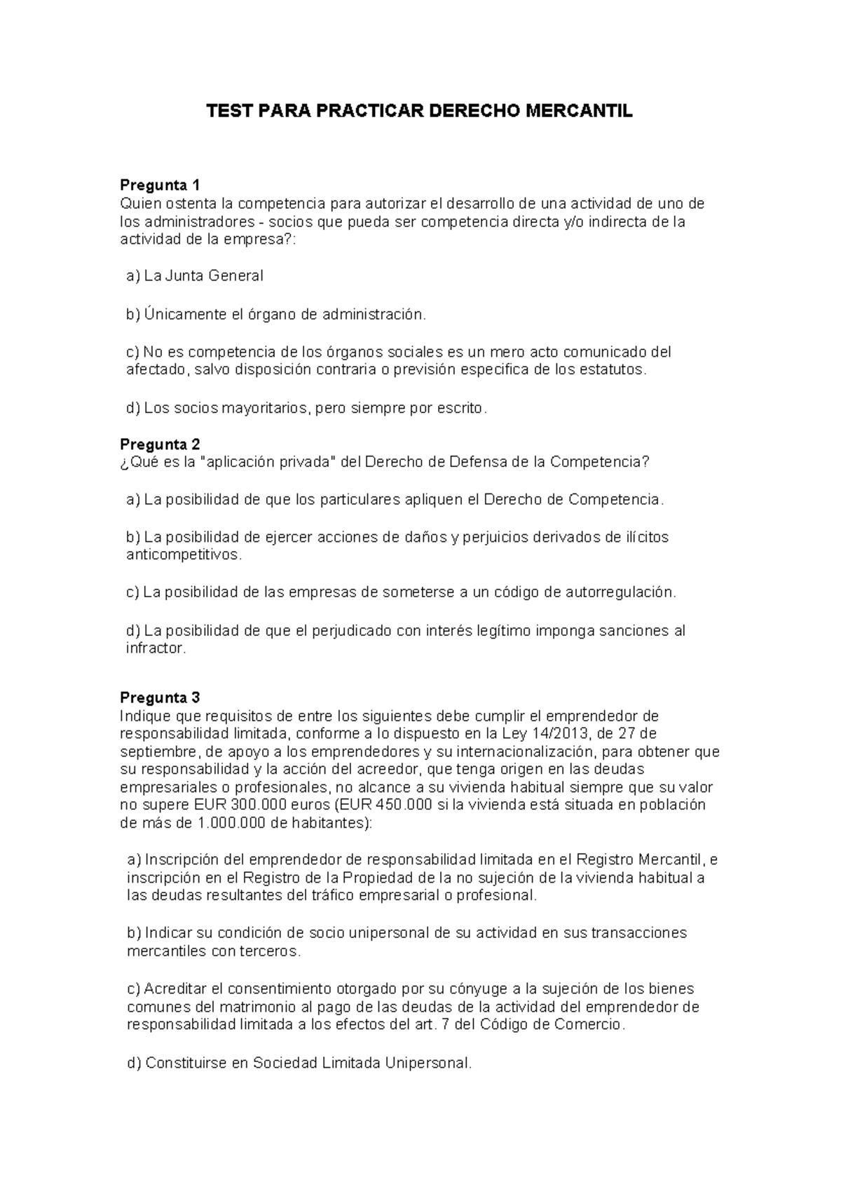 TEST PARA Practicar Derecho Mercantil: Preguntas y Respuestas Claves - Document Preview