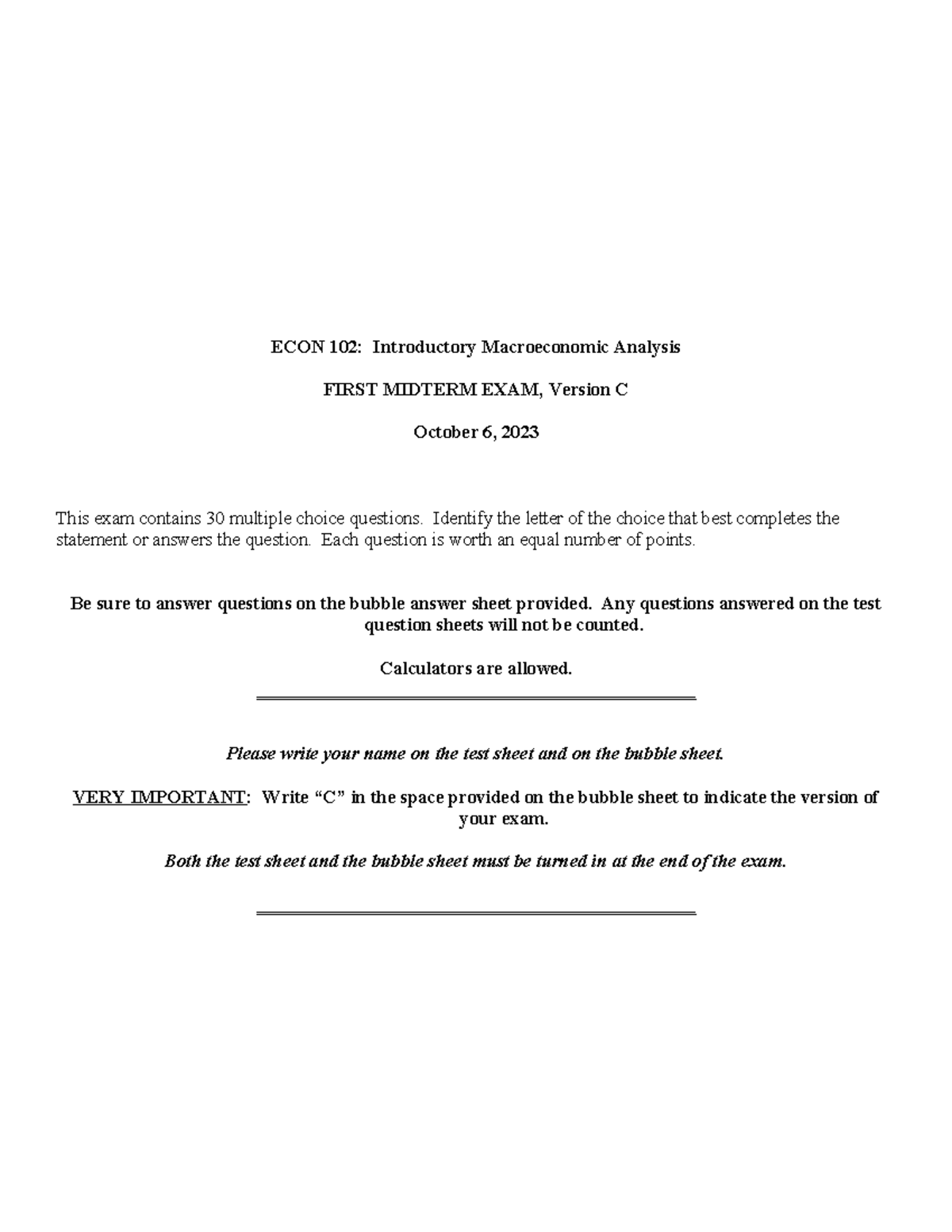 ECON 102, Fall 2023, Midterm 1 Exam Review - Version C - Studocu