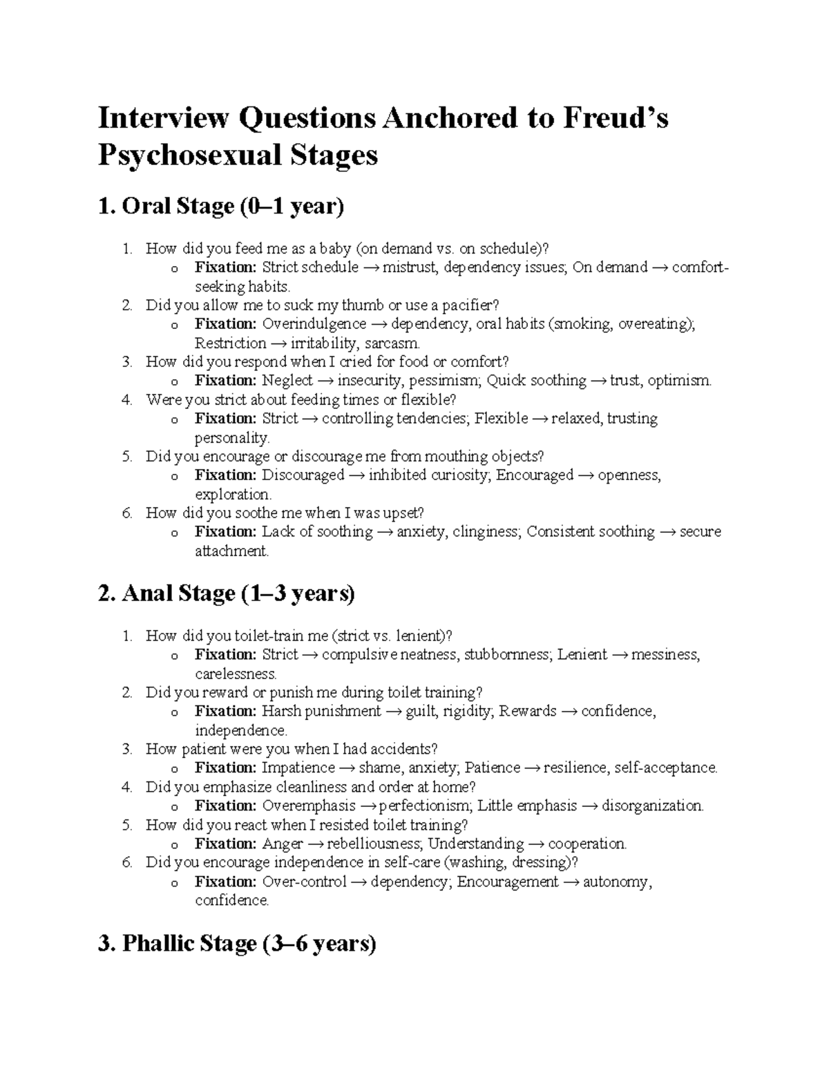 Interview Questions Based on Freud's Psychosexual Stages - Studocu