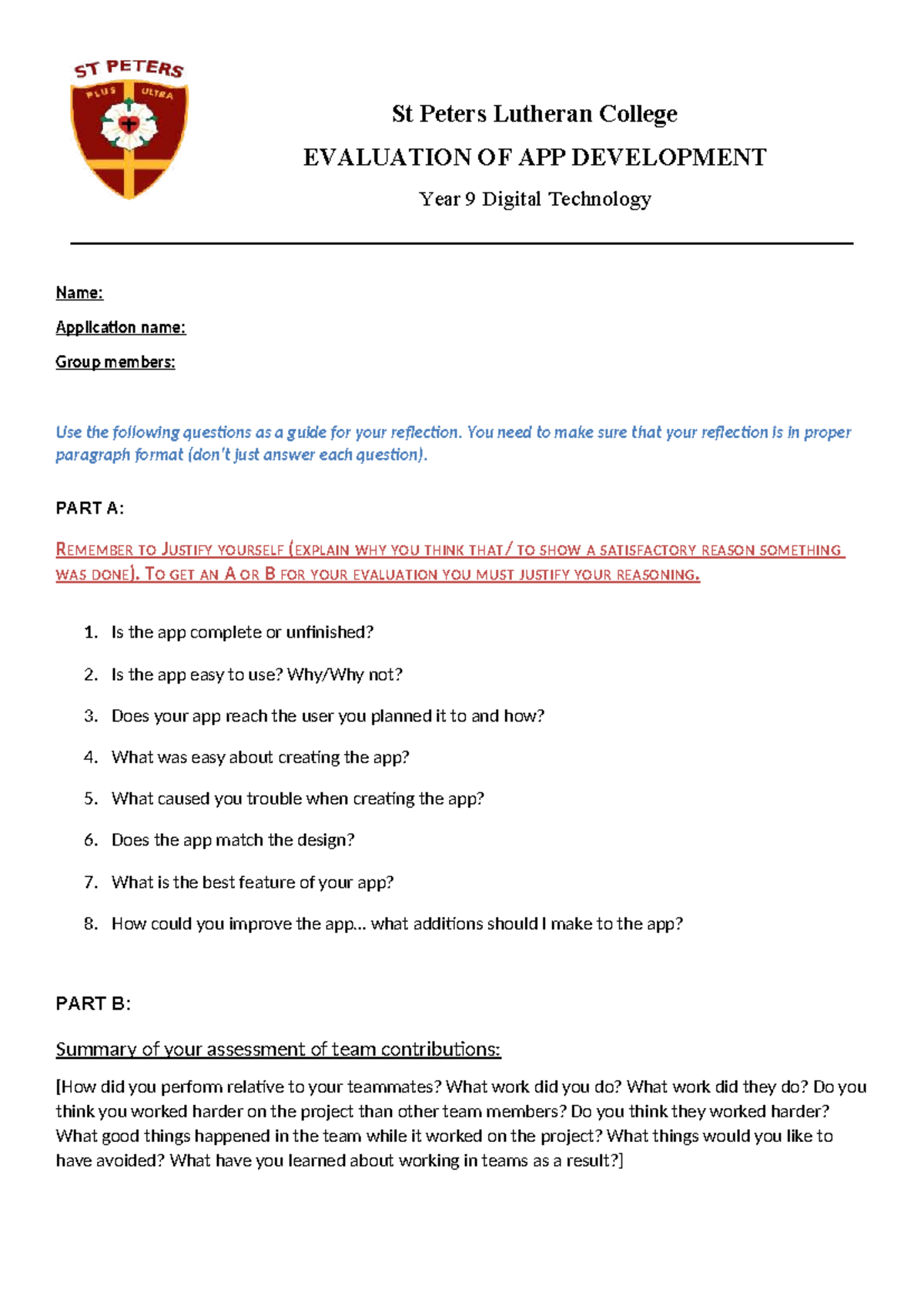 Year 9 Digital Tech: App Development Evaluation Guide - Studocu