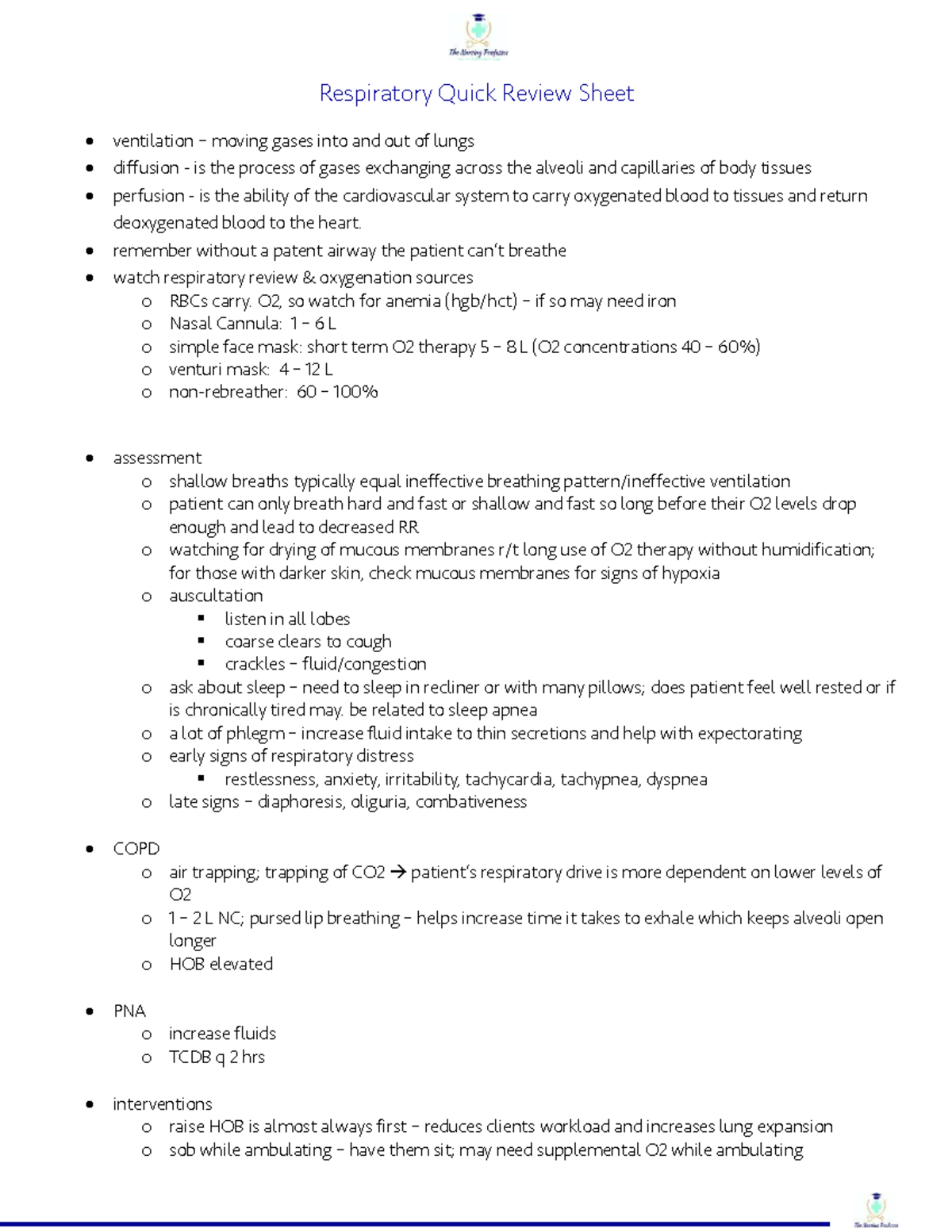 NURS 101: Respiratory Review Sheet for Patient Care and Ventilation ...