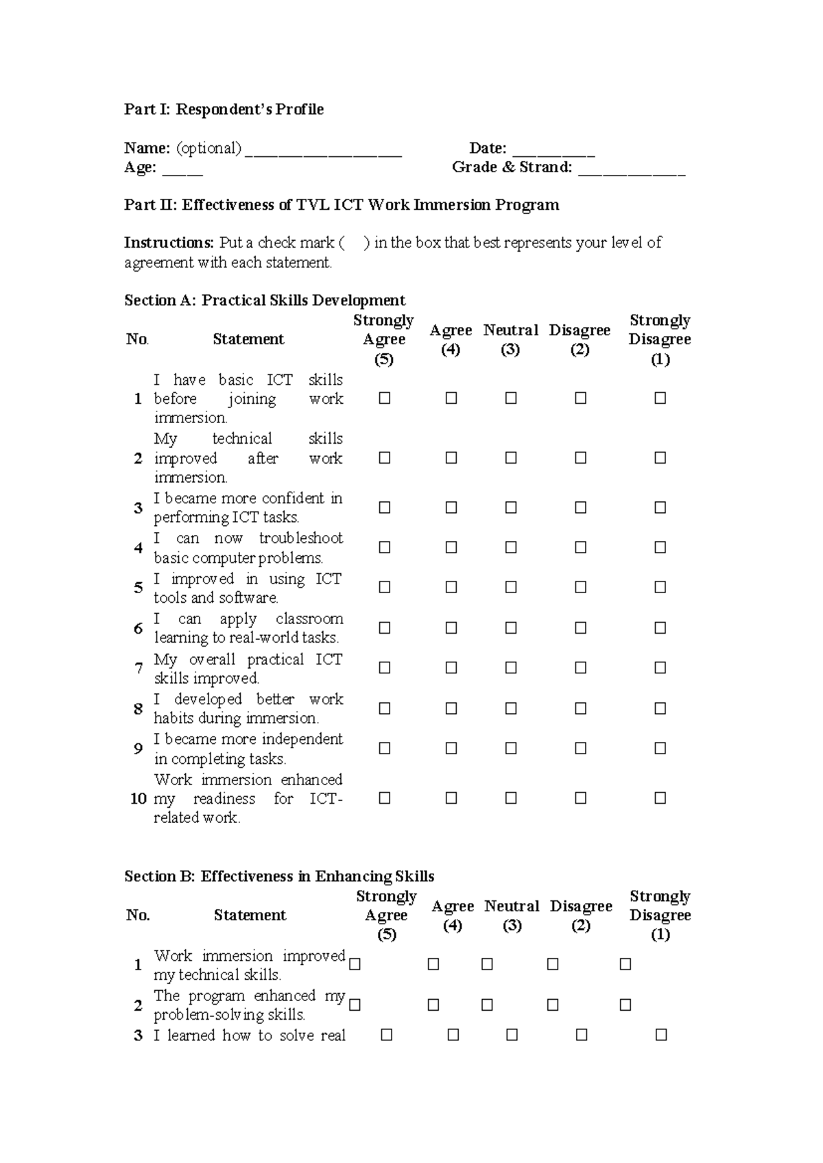 TVL ICT Work Immersion Program Effectiveness Survey Questionnaire - Studocu