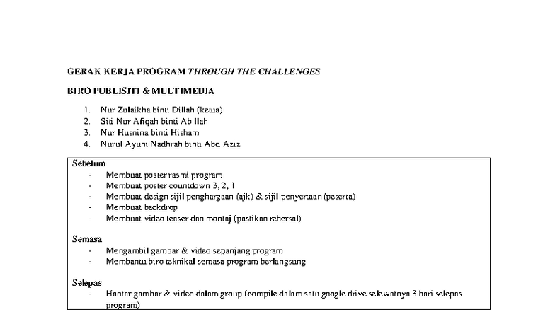 GERAK KERJA PROGRAM: TANTANGAN BIRO PUBLISITI MULTIMEDIA 1-4 - Studocu