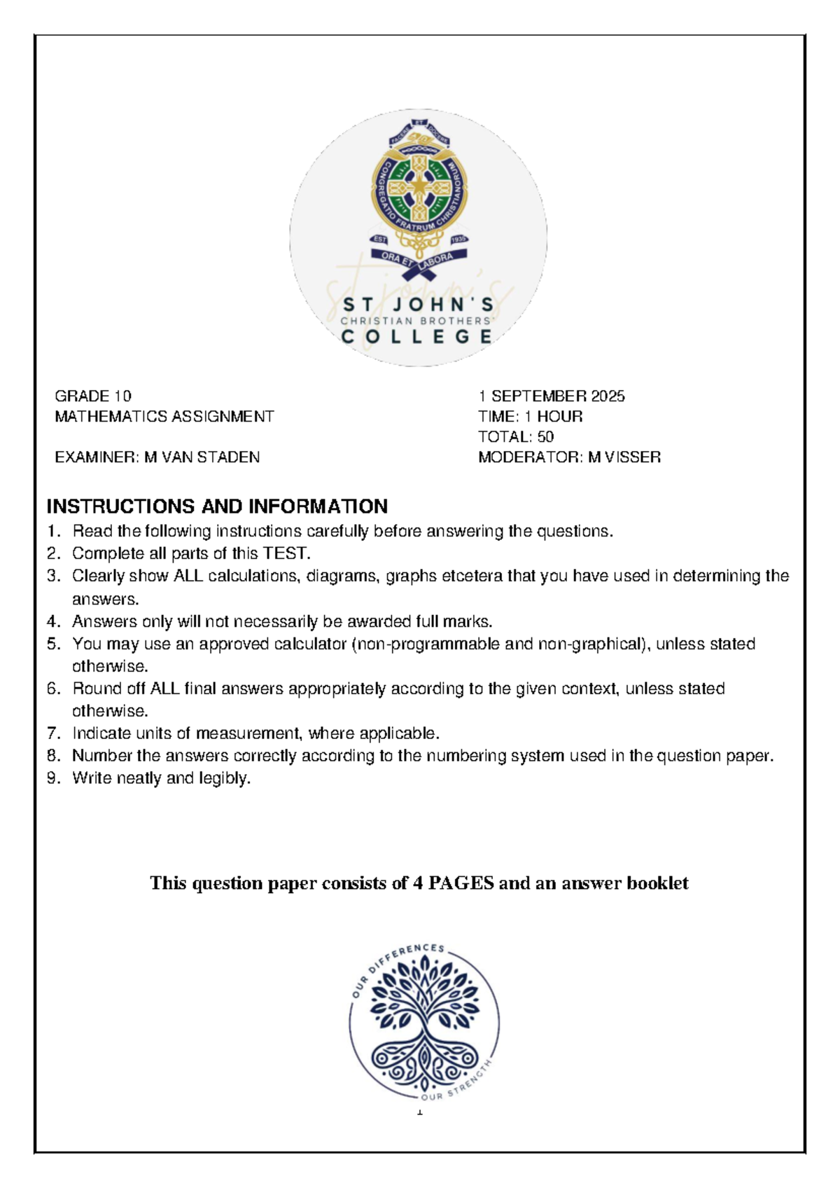 TERM 3 GRADE 10 MATHEMATICS ASSIGNMENT 1 - SEPT 2025 - Studocu