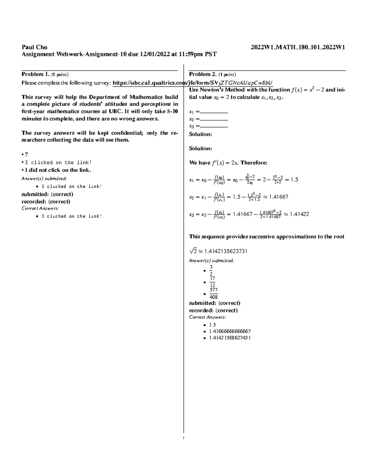 2022W1 MATH 180 101 Assignment Solutions and Survey Responses - Studocu